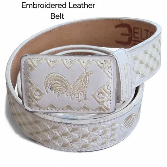 White Rooster Embroidered Western Leather Belt Charo Belt Cinto Vaquero Bordado - Picture 1 of 8